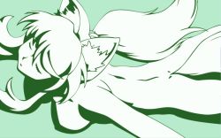 Rule 34 | 1girl, animal ears, breasts, dog ears, dog tail, flat color, green background, green theme, highres, large breasts, liru, long hair, monochrome, negativezero, nude, renkin san-kyuu magical pokaan, simple background, solo, tail, vector trace, wallpaper, wolf ears, wolf tail