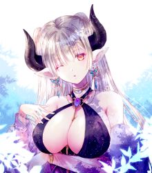 Rule 34 | 1girl, alba (granblue fantasy), arm under breasts, bare shoulders, black dress, blonde hair, breasts, cleavage, corset, draph, dress, earrings, granblue fantasy, horns, jewelry, large breasts, one eye closed, solo, takamura ryou