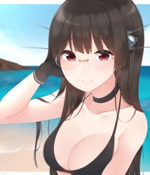Rule 34 | 10s, 1girl, arm up, bare shoulders, beach, bikini, black bikini, black gloves, black hair, breasts, choker, choukai (kancolle), cleavage, closed mouth, commentary request, day, gloves, hand in own hair, headgear, highres, kantai collection, large breasts, light smile, long hair, looking at viewer, outdoors, red eyes, sky, smile, solo, swimsuit, upper body, water, yukichi (sukiyaki39)