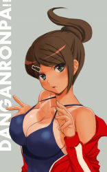 Rule 34 | 10s, 1girl, asahina aoi, bare shoulders, blue eyes, blush, breasts, brown hair, cleavage, clothes down, copyright name, danganronpa: trigger happy havoc, danganronpa (series), dark-skinned female, dark skin, hair ornament, hairclip, impossible clothes, jacket, large breasts, long hair, looking at viewer, medium breasts, open mouth, ponytail, red jacket, seiru (prairie), sideboob, simple background, solo, strap pull, swept bangs, tan, tank top, tanline, upper body