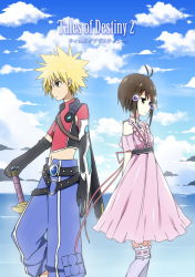 Rule 34 | 1boy, 1girl, blonde hair, brown hair, dress, holding, holding sword, holding weapon, kyle dunamis, reala (tales), red shirt, shirt, short hair, sky-freedom, sword, tales of (series), tales of destiny 2, weapon