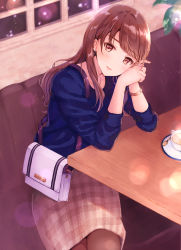 Rule 34 | 1girl, bag, black pantyhose, blouse, blue shirt, blush, bracelet, brown eyes, brown hair, closed mouth, collarbone, commentary request, cup, earrings, glint, hands up, head rest, head tilt, jewelry, long hair, long sleeves, looking at viewer, nagidango, original, pantyhose, pencil skirt, plaid, plaid skirt, plant, saucer, shirt, shoulder bag, sitting, skirt, smile, solo, swept bangs, table, teacup, teaspoon, white skirt, window