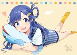 Rule 34 | 1girl, :d, asari nanami, blue eyes, blue hair, commentary request, dated, fish hair ornament, hair ornament, hair rings, idolmaster, idolmaster cinderella girls, long hair, looking at viewer, lying, hugging object, on stomach, open mouth, signature, smile, solo, stuffed animal, stuffed fish, stuffed toy, tarachine, yellow legwear