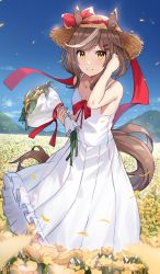 Rule 34 | 1girl, absurdres, alternate costume, animal ears, bare shoulders, blue sky, blush, bouquet, bow, breasts, brown hair, clear sky, cleavage, collarbone, commentary request, commission, day, dress, field, flower, flower field, frilled dress, frills, hair ornament, hairclip, hand in own hair, hat, hat ribbon, highres, holding, holding bouquet, horse ears, horse girl, horse tail, jeze, matikane tannhauser (umamusume), medium hair, multicolored hair, petals, pixiv commission, red bow, red ribbon, red sash, ribbon, sash, sidelocks, sky, sleeveless, sleeveless dress, small breasts, smile, solo, standing, straw hat, streaked hair, tail, umamusume, white dress, white hair, yellow eyes, yellow flower, ||/