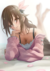 Rule 34 | 1girl, absurdres, barefoot, bed, blurry, bra strap, breasts, brown eyes, brown hair, casual, cherry blossoms, cleavage, collarbone, depth of field, grin, hair ribbon, head rest, highres, hololive, long hair, looking at viewer, lying, medium breasts, off shoulder, on stomach, oyu0405, parted lips, petals, ribbon, smile, solo, tokino sora, tokino sora (casual), virtual youtuber