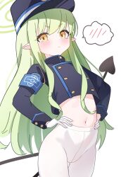 Rule 34 | 1girl, absurdres, black hat, black shirt, black tail, blue archive, blush, closed mouth, cowboy shot, demon tail, earrings, gloves, green hair, green halo, halo, hat, hikari (blue archive), highres, jewelry, long hair, long sleeves, looking at viewer, navel, nonddu, pantyhose, peaked cap, shirt, sidelocks, simple background, single earring, solo, spoken blush, tail, tears, white background, white gloves, white pantyhose, yellow eyes