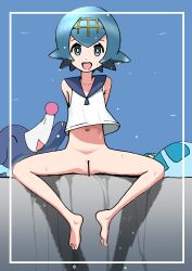 Rule 34 | 1girl, absurdres, arms behind back, bar censor, barefoot, blue eyes, blue hair, border, bottomless, censored, cleft of venus, collarbone, creatures (company), feet, female focus, flat chest, full body, game freak, gen 7 pokemon, hair ornament, highres, lana (pokemon), looking at viewer, navel, nintendo, open mouth, pero (gessoyo), pokemon, pokemon sm, popplio, pussy, shirt, short hair, sitting, sleeveless, sleeveless shirt, solo, spread legs, straight-on, thighs, toes, water drop, wet, white shirt