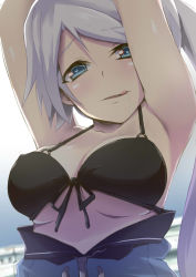 Rule 34 | 1girl, :q, ahoge, anchor symbol, arms up, ashino moto, azur lane, bare shoulders, bikini, black bikini, blue eyes, blush, breasts, cleavage, close-up, clothes pull, drooling, front-tie bikini top, front-tie top, grin, heart, heart-shaped pupils, heart ahoge, highres, jacket, jacket pull, large breasts, licking lips, long hair, looking at viewer, open mouth, portland (azur lane), rape face, saliva, side ponytail, sidelocks, silver hair, smile, solo, swimsuit, symbol-shaped pupils, tongue, tongue out, underboob, upper body, very long hair, you gonna get raped