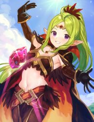 Rule 34 | 1girl, absurdres, ahoge, belt, blonde hair, blue sky, breasts, cape, cleavage, cloud, cowboy shot, fire emblem, fire emblem awakening, fire emblem heroes, gem, gloves, highres, jewelry, jurge, long hair, looking at viewer, midriff, navel, necklace, nintendo, nowi (fire emblem), official alternate costume, outdoors, pointy ears, ponytail, purple eyes, sky, small breasts, smile, solo, teeth