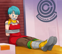 Rule 34 | 1girl, angry, arms behind back, bare shoulders, bdsm, blue eyes, blue hair, bondage, boots, bound, bound ankles, bound arms, breasts, bulma, capsule corp, cleavage, dragon ball, dragonball z, dress, earrings, female focus, full body, gag, gagged, highres, improvised gag, jewelry, legs, lost one zero, matching hair/eyes, mature female, medium breasts, pantyhose, red dress, scarf, short dress, short hair, sleeveless, sleeveless dress, solo, sweat, tape, tape bondage, tape gag, very short hair