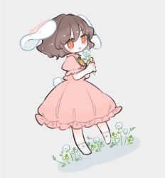 Rule 34 | 1girl, animal ears, black hair, blush, carrot necklace, dress, flower, full body, hair between eyes, highres, holding, holding flower, inaba tewi, jewelry, m (m073111), necklace, open mouth, pink dress, rabbit ears, rabbit tail, red eyes, short hair, short sleeves, signature, smile, socks, solo, striped clothes, striped socks, tail, touhou, twitter username, vertical-striped clothes, vertical-striped socks, white flower