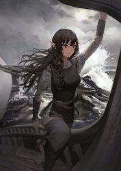 Rule 34 | 1girl, black hair, black shirt, blouse, boat, braid, cloud, commentary, day, english commentary, highres, holding, long hair, ocean, original, outdoors, pointy ears, sailboat, ship, shirt, sky, solo, sunako (veera), sword, water, watercraft, weapon