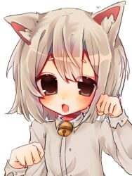 Rule 34 | 1girl, :3, animal ear fluff, animal ears, bell, brown eyes, cat ears, cat girl, highres, long sleeves, looking at viewer, mahoushaojiulilika05836, neck bell, open mouth, original, paw pose, shirt, short hair, simple background, solo, upper body, white background, white hair, white shirt