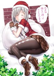 Rule 34 | 1girl, adapted costume, alternate costume, ass, bag, breasts, brick wall, brown footwear, brown gloves, brown skirt, bulbonne, bush, closed eyes, closed mouth, full body, gloves, hair ornament, hairclip, hamakaze (kancolle), hat, highres, kantai collection, leaf, looking at viewer, lying, medium breasts, on side, outdoors, pantyhose, pleated skirt, red shirt, santa hat, shirt, short hair, short sleeves, silver hair, skirt, smile, snow, solo, striped clothes, striped skirt, translated