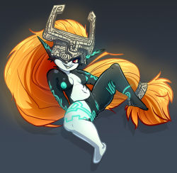 Rule 34 | 1girl, absurdres, blonde hair, breasts, colored sclera, colored skin, helmet, highres, long hair, midna, multicolored skin, navel, nintendo, nipples, nude, pointy ears, pussy, red eyes, smile, solo, teeth, the legend of zelda, the legend of zelda: twilight princess, two-tone skin, very long hair, witchtaunter, yellow sclera