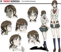 Rule 34 | 1girl, blue socks, bow, bowtie, brown hair, character name, character sheet, coppelion, crying, crying with eyes open, expressions, full body, glasses, green eyes, green skirt, kneehighs, loafers, miniskirt, multiple views, nomura taeko, official art, pale skin, plaid, plaid skirt, pleated skirt, red-framed eyewear, school uniform, shoes, short ponytail, skirt, sleeves rolled up, smile, socks, sweater vest, tears, transparent background
