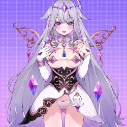 Rule 34 | 1girl, adapted costume, breasts, cameltoe, circlet, colored inner hair, dress, grey hair, highres, hololive, hololive english, jewel under eye, koseki bijou, koseki bijou (1st costume), long hair, looking at viewer, multicolored hair, open mouth, petite, purple eyes, small breasts, smile, solo, swimsuit, virtual youtuber, waterring, white dress
