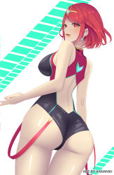 Rule 34 | 1girl, artist name, ass, black one-piece swimsuit, breasts, competition swimsuit, eyelashes, highres, kamaniki, lipstick, looking back, makeup, one-piece swimsuit, pyra (pro swimmer) (xenoblade), pyra (xenoblade), red eyes, red hair, swimsuit, thighs, wide hips, xenoblade chronicles (series), xenoblade chronicles 2