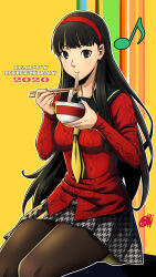 Rule 34 | 1girl, :t, amagi yukiko, black hair, bowl, breasts, brown pantyhose, chopsticks, collarbone, commentary request, dated, eating, eyelashes, feet out of frame, fine fabric emphasis, food, gentle sasaki, grey eyes, grey skirt, hairband, hands up, happy birthday, highres, holding, holding bowl, holding chopsticks, long hair, long sleeves, looking at viewer, medium breasts, miniskirt, musical note, necktie, noodles, pantyhose, persona, persona 4, pleated skirt, red hairband, red shirt, sailor collar, school uniform, shirt, sidelocks, signature, sitting, skirt, solo, thighs, very long hair, yasogami school uniform, yellow background, yellow necktie