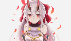 Rule 34 | 1girl, bare shoulders, blush, fate/grand order, fate (series), foreshortening, grey background, hair between eyes, headband, horns, japanese clothes, mikanmochi, oni horns, red eyes, ribbon, silver hair, simple background, smile, tomoe gozen (fate)
