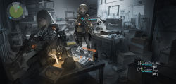 Rule 34 | 2girls, aperture science, backpack, bad id, bad pixiv id, bag, book, bottle, box, brown eyes, cardboard box, desk, food, glowstick, gun, h&amp;k ump, heckler &amp; koch, highres, holding, holding gun, holding weapon, keyboard (computer), long hair, looking at viewer, monitor, multiple girls, open book, picture frame, pizza, pizza box, portal (series), portal 1, renatus.z, shorts, sitting, spoon, submachine gun, table, thighhighs, tom clancy&#039;s the division, twintails, weapon