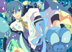 Rule 34 | 1boy, alternate costume, alternate hairstyle, argyle, argyle background, argyle clothes, balloon, blue eyes, blue hair, blue theme, bound, bound ankles, bow, braid, butterfly wings, clower, cup, earrings, hair bow, hair ornament, hair ribbon, insect wings, jewelry, kaito (vocaloid), looking away, male focus, matching hair/eyes, petals, platform footwear, ribbon, short hair, single braid, single earring, solo, sparkle, stuffed animal, stuffed toy, teacup, teddy bear, tongue, tongue out, vocaloid, wings, yoshiki