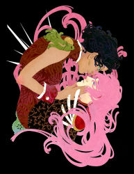 Rule 34 | 2girls, black background, black hair, black shirt, closed eyes, collared dress, colored eyelashes, commentary, dangle earrings, dark-skinned female, dark skin, dress, earrings, english commentary, face-to-face, floral print, from side, hand on another&#039;s chin, high collar, himemiya anthy, imminent kiss, jewelry, leaning forward, long hair, long sleeves, looking at viewer, multiple girls, parted lips, pink hair, plant, red dress, shirt, short hair, shoujo kakumei utena, shoulder pads, simple background, sleeveless, sleeveless dress, tenjou utena, upper body, very long hair, vines, wavy hair, yuri, yutaan