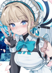 Rule 34 | 1girl, absurdres, apron, assault rifle, baba kirika, black gloves, blonde hair, blue archive, blue bow, blue bowtie, blue eyes, blue halo, blue ribbon, blush, bow, bowtie, braid, bun cover, chest harness, cityscape, dress, earpiece, elbow gloves, falling petals, fingerless gloves, french braid, frilled dress, frilled hairband, frills, gloves, gun, hair bun, hair ribbon, hairband, halo, harness, highres, looking at viewer, maid, maid apron, maid headdress, multicolored background, multicolored hair, petals, ribbon, rifle, short hair, sidelocks, single bare shoulder, smile, streaked hair, toki (blue archive), upper body, v, weapon, weapon on back