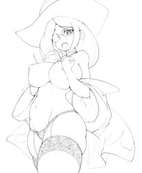 Rule 34 | 1girl, breasts, glasses, hat, large breasts, little witch academia, monochrome, nipples, slugbox, solo, source request, tagme, ursula callistis, witch, witch hat