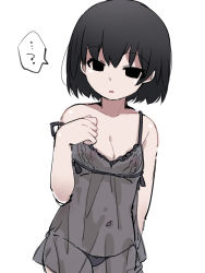 Rule 34 | ..., 10s, 1girl, :o, arm at side, bare arms, bare shoulders, black eyes, black hair, black panties, breasts, cleavage, collarbone, cowboy shot, expressionless, hammer (sunset beach), hand on own chest, lingerie, looking at viewer, monogatari (series), navel, negligee, nipples, open mouth, oshino ougi, owarimonogatari, panties, see-through, short hair, simple background, small breasts, solo, speech bubble, spoken ellipsis, standing, stomach, strap slip, underwear, underwear only, white background