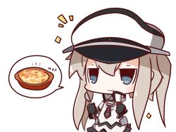 Rule 34 | 10s, 1girl, :3, blue eyes, capelet, chibi, food, graf zeppelin (kancolle), gratin, hat, highres, kantai collection, looking at viewer, mvp, nuu (nu-nyu), peaked cap, silver hair, solo, sparkle, spoken object, twintails