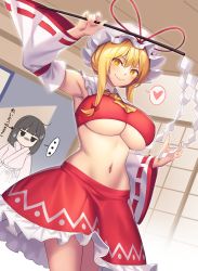 Rule 34 | 2girls, absurdres, angry, armpits, black eyes, black hair, blonde hair, borrowed clothes, bow, breasts, collared shirt, cosplay, detached sleeves, frilled shirt collar, frilled skirt, frills, gohei, hair bow, hakurei reimu, hakurei reimu (cosplay), hat, hat ribbon, highres, large breasts, medium hair, midriff, mob cap, multiple girls, navel, red bow, red ribbon, red shirt, red skirt, ribbon, ribbon-trimmed sleeves, ribbon trim, robe, shirt, sidelocks, skirt, skirt set, sleeveless, sleeveless shirt, smile, tarmo, thighs, touhou, underboob, white headwear, white robe, white sleeves, wide sleeves, yakumo yukari, yellow eyes