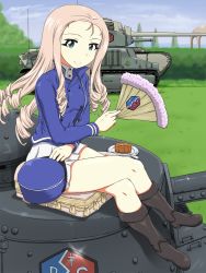 Rule 34 | arl-44, bc freedom military uniform, black footwear, blonde hair, blue hat, blue jacket, blue sky, blue vest, blurry, blurry background, boots, closed mouth, cloud, cloudy sky, commentary, crossed legs, day, depth of field, dessert, dress shirt, drill hair, folding fan, food, fork, ft-17, full body, girls und panzer, grass, green eyes, hand fan, hat, hedge, high collar, holding, holding clothes, holding fan, holding hat, jacket, kepi, knee boots, legs, long hair, long sleeves, looking at viewer, marie (girls und panzer), military, military hat, military uniform, military vehicle, miniskirt, motor vehicle, on pillow, on vehicle, outdoors, pleated skirt, s35, saucer, shirt, sitting, skirt, sky, smile, solo, tank, tree, uniform, unworn hat, unworn headwear, vest, white shirt, white skirt, yashio (0321)