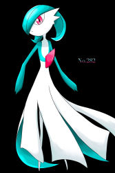 Rule 34 | 1girl, alternate color, black background, blue hair, blue skin, bob cut, closed mouth, colored skin, creatures (company), expressionless, female focus, flat chest, full body, game freak, gardevoir, gen 3 pokemon, highres, looking at viewer, multicolored skin, nintendo, pokedex number, pokemon, pokemon (creature), red eyes, rve, shiny pokemon, short hair, simple background, solo, standing, two-tone skin, white skin