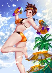 Rule 34 | 10s, 1girl, 2016, :d, adapted costume, artist name, ass, bare shoulders, barefoot, beach umbrella, bikini, blue sky, breasts, brown eyes, brown hair, cowboy shot, dated, day, dual wielding, ear piercing, eyelashes, eyewear on head, feet, freckles, glasses, glint, halterneck, highres, holding, large breasts, leg up, lips, looking at viewer, open mouth, orange bikini, overwatch, overwatch 1, palm tree, piercing, pink lips, short hair, signature, sky, smile, soles, solo, sparkle, spiked hair, splashing, standing, standing on one leg, sunlight, swimsuit, teeth, toes, torn s, tracer (overwatch), tree, umbrella, underboob, water, water gun
