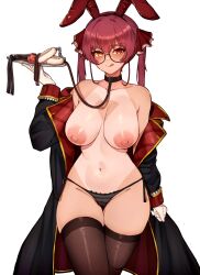Rule 34 | 1girl, ball gag, bespectacled, black collar, bra, breasts, cleft of venus, collar, cupless bra, fur cuffs, gag, glasses, groin, heterochromia, highres, holding, holding tray, hololive, houshou marine, large areolae, large breasts, leash, leotard, navel, playboy bunny, red eyes, red hair, sex toy, simple background, solo, tan, tanline, thighhighs, tray, twintails, underwear, varniskarnis, virtual youtuber, white background, wiffle gag, yellow eyes