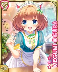 1girl :d animal_ears apron blonde_hair blue_eyes bow breasts cafe card_(medium) cat_ears cat_tail character_name day dress fake_animal_ears fake_animal_tail food fork girlfriend_(kari) green_bow green_dress holding indoors looking_at_viewer official_art ogura_megumi open_mouth paw_print qp:flapper small_breasts smile tagme tail white_apron white_headdress window