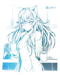 Rule 34 | 1girl, absurdres, animal ears, bad id, bad twitter id, blush, breasts, cat ears, cup, highres, long hair, looking at viewer, monochrome, mug, open clothes, shuttle (ksb0123), sketch, smile, solo