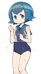 Rule 34 | 1girl, blue eyes, blue hair, blue sailor collar, creatures (company), game freak, hairband, lana (pokemon), matching hair/eyes, moru (monaka), nintendo, one-piece swimsuit, pokemon, pokemon sm, sailor collar, school swimsuit, shirt, short hair, simple background, sleeveless, solo, swimsuit, swimsuit under clothes, trial captain, wet, wet clothes, wet shirt, white background