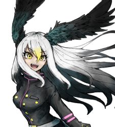 Rule 34 | 1girl, :d, adeshi (adeshi0693119), bald eagle (kemono friends), black jacket, black wings, blonde hair, buttons, commentary request, gradient hair, grey hair, hair between eyes, head wings, high collar, highres, jacket, kemono friends, long hair, looking at viewer, multicolored hair, open mouth, simple background, smile, solo, teeth, upper body, white background, white hair, wings, yellow eyes