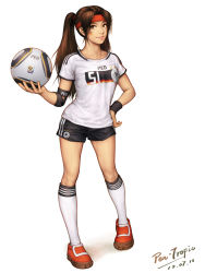 Rule 34 | 1girl, alternate hairstyle, armband, ball, brown eyes, brown hair, facepaint, flag, german flag, germany, hand on own hip, highres, hip focus, holding, jersey, kneehighs, lips, pen-tropic, pen tropic (pixiv), realistic, ryuuko no ken, shorts, signature, snk, soccer ball, soccer uniform, socks, solo, sportswear, star (symbol), striped, the king of fighters, twintails, yuri sakazaki