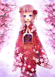 Rule 34 | 1girl, :d, cherry blossoms, clapping, flower, flower on head, hair ornament, japanese clothes, kay (utd), kimono, long hair, looking at viewer, open mouth, original, petals, pink hair, purple eyes, rose, smile, solo