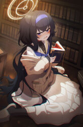 Rule 34 | 1girl, @ @, absurdres, bags under eyes, black hair, blue archive, blue neckerchief, blush, book, bookshelf, cardigan, clothing request, commentary request, crossed bangs, hairband, halo, highres, holding, holding book, indoors, korean commentary, liyom, long hair, long sleeves, looking at viewer, neckerchief, open book, open mouth, purple eyes, sailor collar, shirt, sitting, sleeves past wrists, slippers, solo, sweat, ui (blue archive), very long hair, wariza, wavy mouth, white shirt