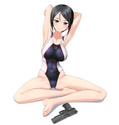 Rule 34 | 1girl, absurdres, armpits, arms behind head, barefoot, black eyes, black hair, black one-piece swimsuit, breasts, chouno ami, commentary request, competition swimsuit, feet, girls und panzer, gun, handgun, highres, indian style, looking at viewer, medium breasts, multicolored clothes, multicolored swimsuit, one-piece swimsuit, presenting armpit, short hair, sig p220/p226, sig sauer, simple background, sitting, solo, swept bangs, swimsuit, takafumi, toes, turtleneck, variant set, weapon, white background