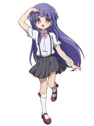 Rule 34 | 1girl, :d, arm at side, arm up, blurry, bow, bowtie, bright pupils, child, collared shirt, commentary request, depth of field, dress shirt, floating hair, full body, furude rika, grey skirt, happy, highres, higurashi no naku koro ni, kneehighs, light blush, long hair, looking at viewer, mary janes, miniskirt, nishizuki shino, open mouth, pink bow, pink bowtie, pleated skirt, purple eyes, purple hair, red footwear, shirt, shoes, short sleeves, simple background, skirt, smile, socks, solo, standing, standing on one leg, straight hair, suspender skirt, suspenders, tareme, very long hair, white background, white pupils, white shirt, white socks
