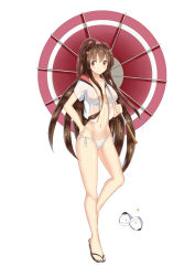 Rule 34 | 10s, 1girl, absurdres, alternate costume, bikini, brown hair, cropped jacket, flower, hair flower, hair ornament, hand on own hip, highres, jacket, kantai collection, long hair, looking at viewer, navel, ponytail, red eyes, reon-shi, revision, sandals, shiny skin, side-tie bikini bottom, simple background, smile, solo, swimsuit, umbrella, yamato (kancolle)