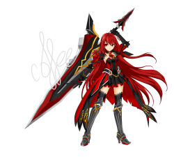 Rule 34 | 1girl, armor, armored dress, black thighhighs, braid, detached collar, elesis (elsword), elsword, gloves, grand master (elsword), greaves, half updo, highres, huge weapon, long hair, neckerchief, no nose, official art, red eyes, red hair, serious, solo, standing, sword, thighhighs, weapon, white background, white gloves