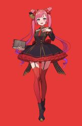 Rule 34 | 1girl, absurdres, book, breasts, commentary, cone hair bun, dress, fangs, flower, full body, garter straps, gradient hair, hair bun, hair flower, hair ornament, heart, highres, holding, holding book, long hair, long sleeves, looking at viewer, multicolored hair, open mouth, original, pink hair, purple hair, red background, red theme, rose, simple background, small breasts, solo, standing, symbol-only commentary, thighhighs, tongue, twintails, two-tone hair, yuu (higashi no penguin)