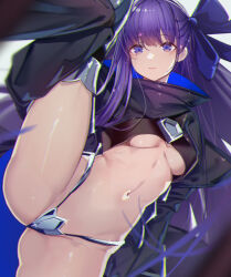 Rule 34 | 1girl, absurdres, armored boots, black jacket, blue eyes, blue ribbon, blush, boots, breasts, cropped jacket, crotch plate, fate/extra, fate/extra ccc, fate (series), hair ribbon, highres, jacket, long hair, long sleeves, looking at viewer, medium breasts, meltryllis (fate), navel, prosthesis, prosthetic leg, purple hair, ribbon, sleeves past fingers, sleeves past wrists, solo, spread legs, underboob, ura illust, very long hair