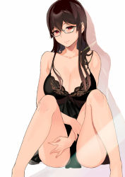 Rule 34 | 1girl, bare legs, bare shoulders, black hair, breasts, cleavage, closed mouth, commentary request, feet out of frame, glasses, hair between eyes, large breasts, lingerie, long hair, looking at viewer, negligee, red eyes, sakuramachi touko, sasamori tomoe, semi-rimless eyewear, sitting, smile, succubus stayed life, under-rim eyewear, underwear